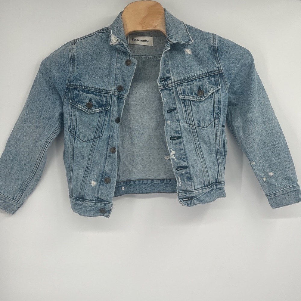 Reformation Womens Button Up Medium Wash Distressed Denim Jean Jacket Blue‎ XS